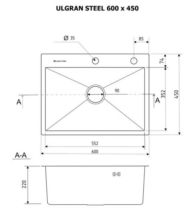 Кухонная мойка Ulgran Steel 60x45 (брашированная сталь)- фото3