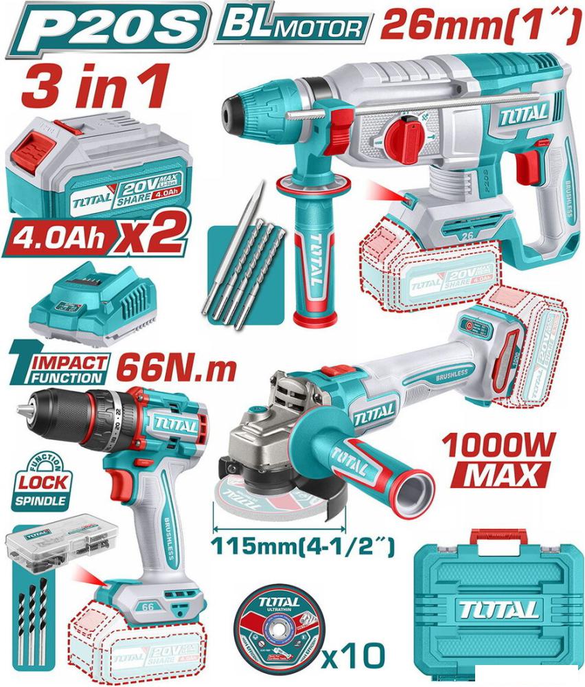 Total TOSLI241198 (шуруповерт, болгарка, перфоратор, 1 АКБ)