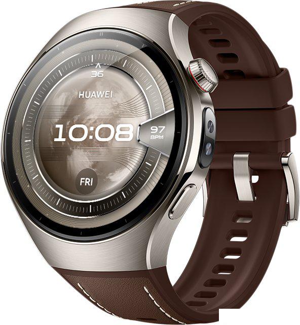 Умные часы Huawei Watch 5 46 мм (титановый, с коричневым силиконовым ремешком, международная версия)- фото