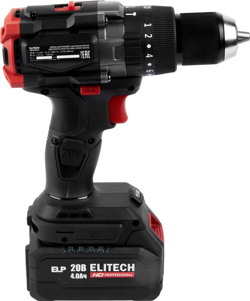 Ударная дрель-шуруповерт ELITECH CD 20BL2 E2201.042.01 (с 1-им АКБ, кейс)- фото4