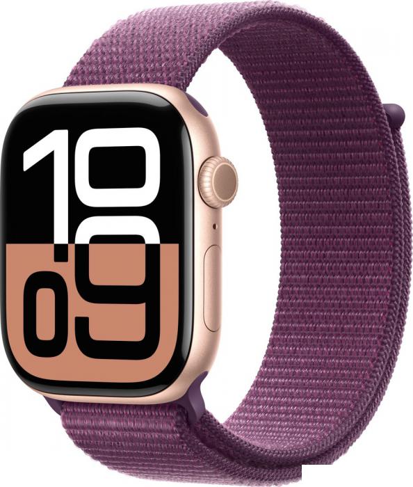Умные часы Apple Watch Series 10 46 мм (алюминиевый корпус, розовое золото/сливовый, нейлоновый ремешок)- фото