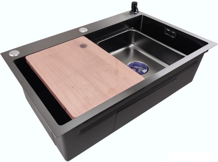 Кухонная мойка Stellar Decor S7045NB-A-D (нано черный, c доской)- фото2