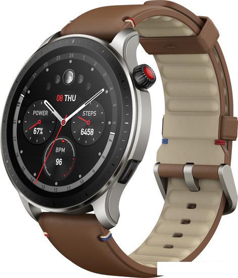 Умные часы Amazfit GTR 4 (серебристый, с коричневым кожаным ремешком)- фото