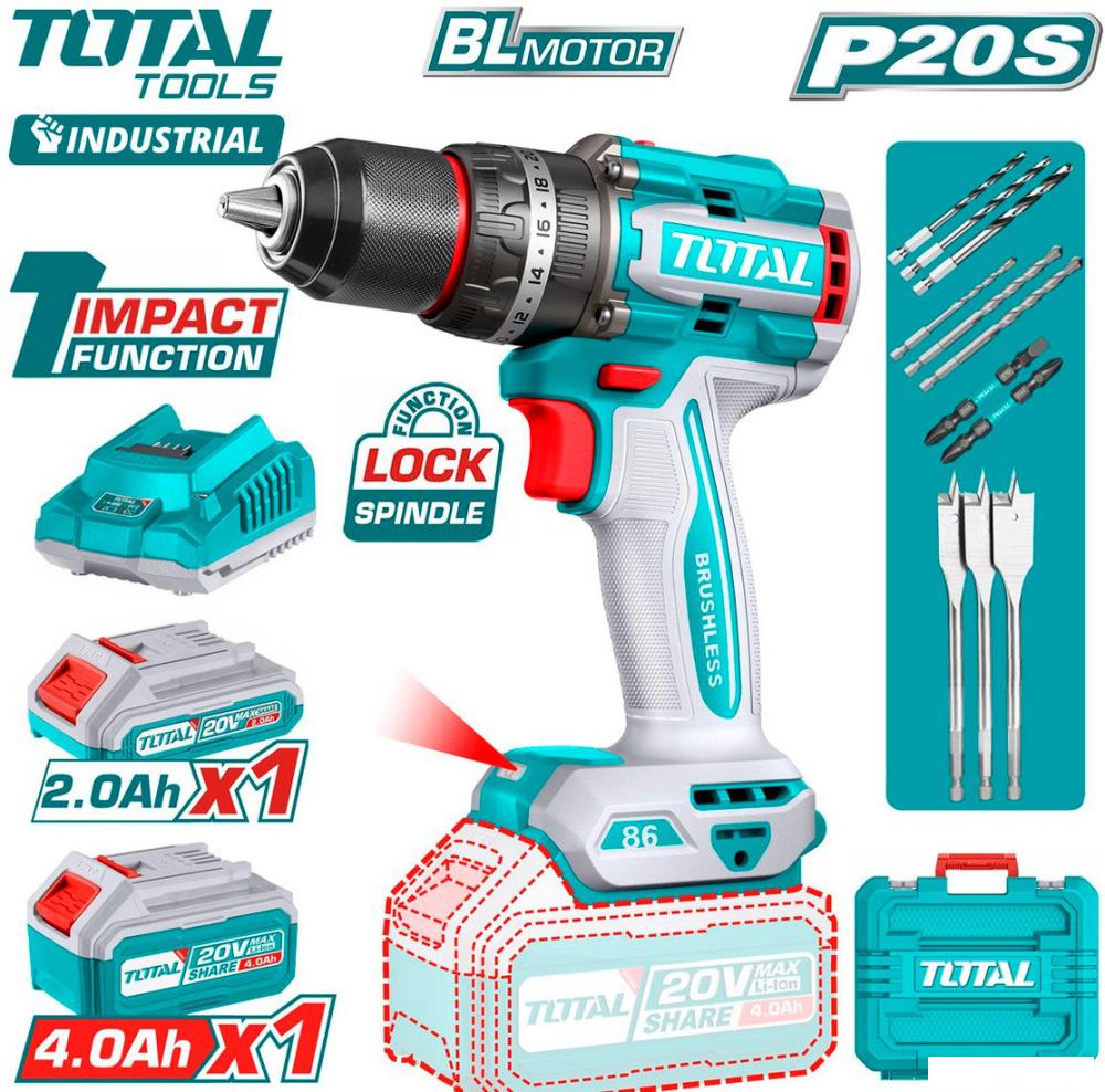 Ударная дрель-шуруповерт Total TIDLI20868 (с 2-мя АКБ, кейс)
