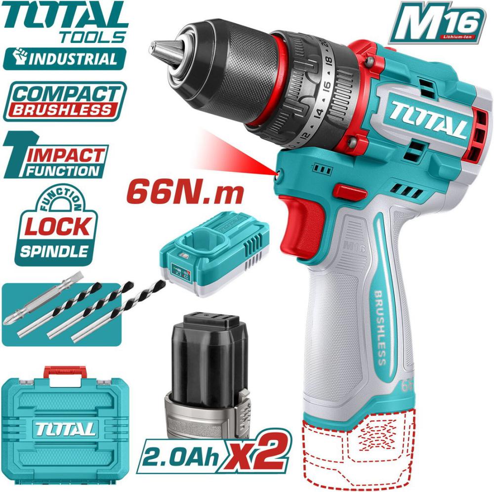 Ударная дрель-шуруповерт Total TIDLI166062 (с 2-мя АКБ, кейс)
