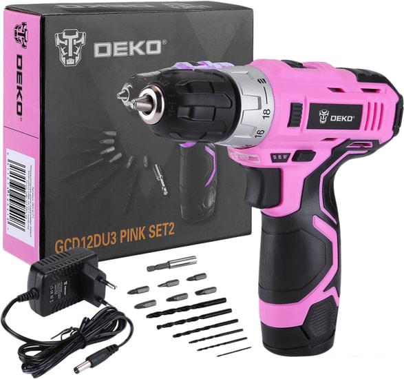 Дрель-шуруповерт Deko GCD12DU3 PINK SET2 063-4171 (с 1-им АКБ, набор оснастки)- фото