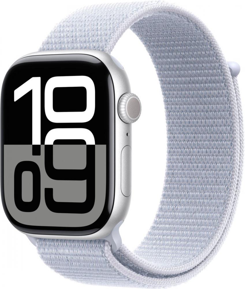 Умные часы Apple Watch Series 10 46 мм (алюминиевый корпус, серебристый/голубой, нейлоновый ремешок)- фото