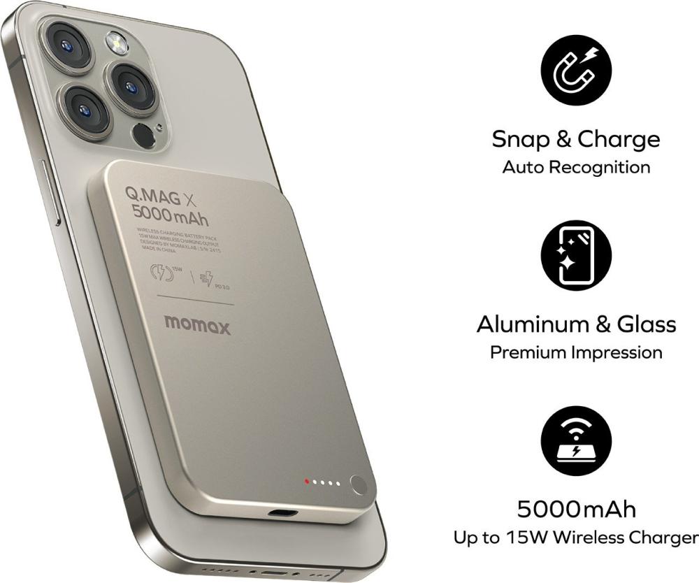 Внешний аккумулятор Momax Q.Mag X Magnetic IP116A 5000mAh (титановый)- фото3