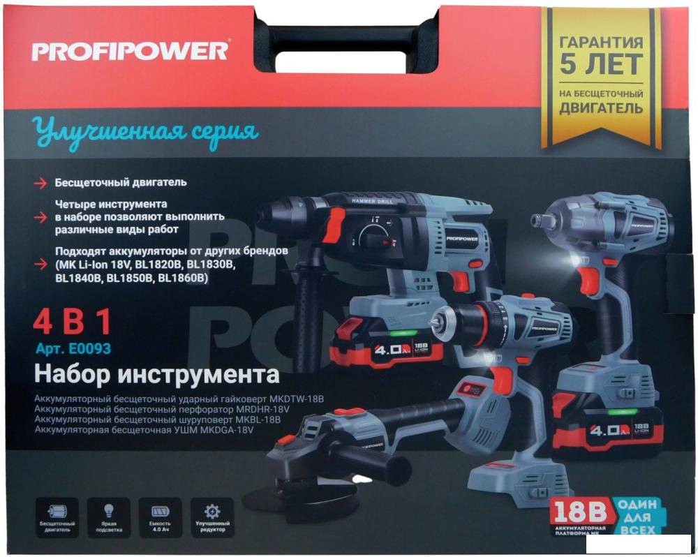 Profipower ProfiSet-4F18 E0093 (шуруповерт, гайковерт, болгарка, перфоратор, 2 АКБ, кейс)- фото