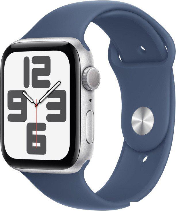 Умные часы Apple Watch SE 2 44 мм (алюминиевый корпус, серебристый/синий деним, спортивный силиконовый ремешок M/L)- фото