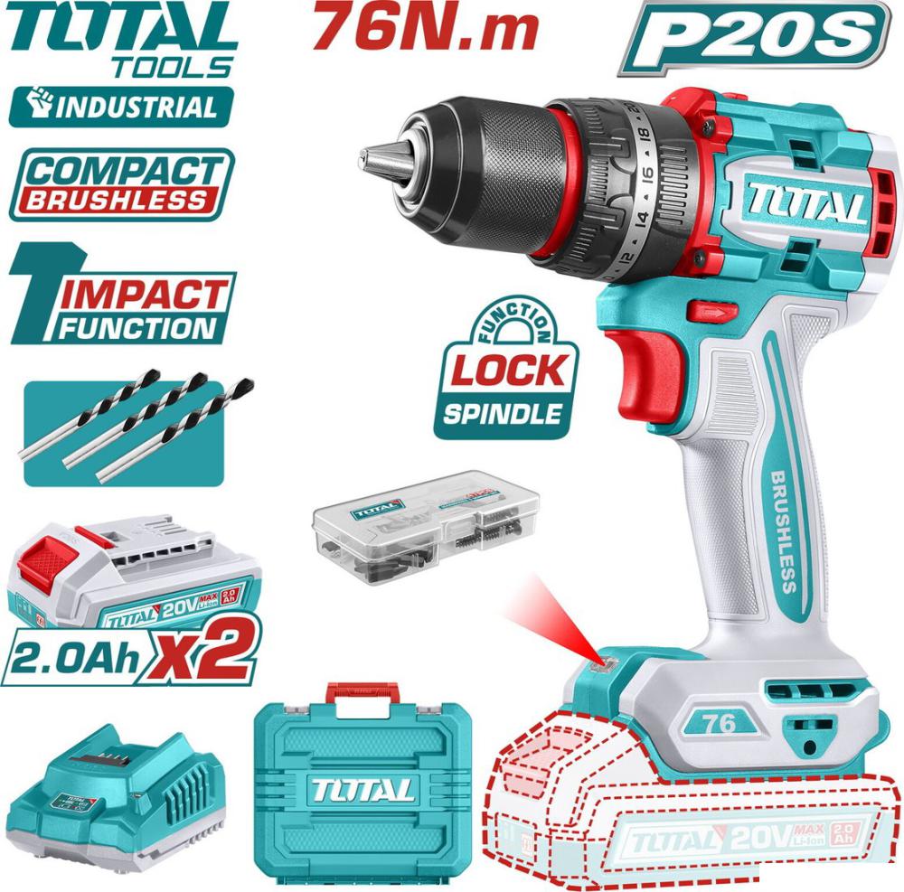 Ударная дрель-шуруповерт Total TIDLI20768 (с 2-мя АКБ, кейс)