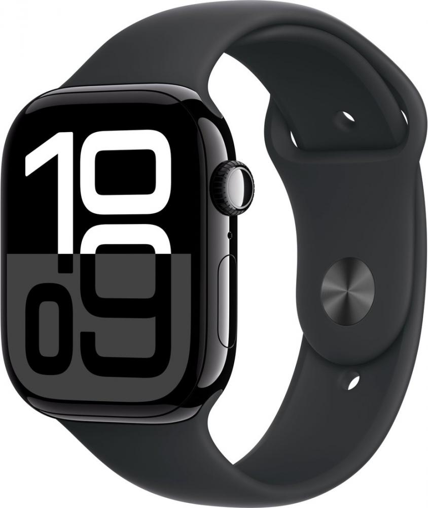 Умные часы Apple Watch Series 10 46 мм (алюминиевый корпус, черный/черный, спортивный силиконовый ремешок S/M)- фото