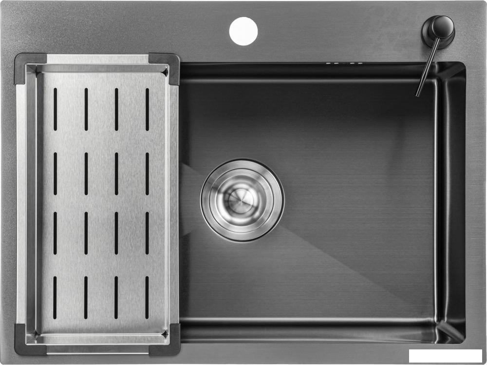 Кухонная мойка Saniteco 6045 Nano + Spike F9S07000 (хром, с сифоном, дозатором и коландером)- фото2