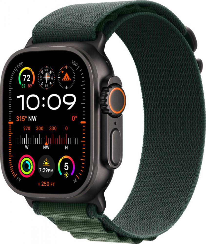 Умные часы Apple Watch Ultra 2 LTE 49 мм (титановый корпус, черный/темно-зеленый, ремешок из полиэстера L)- фото