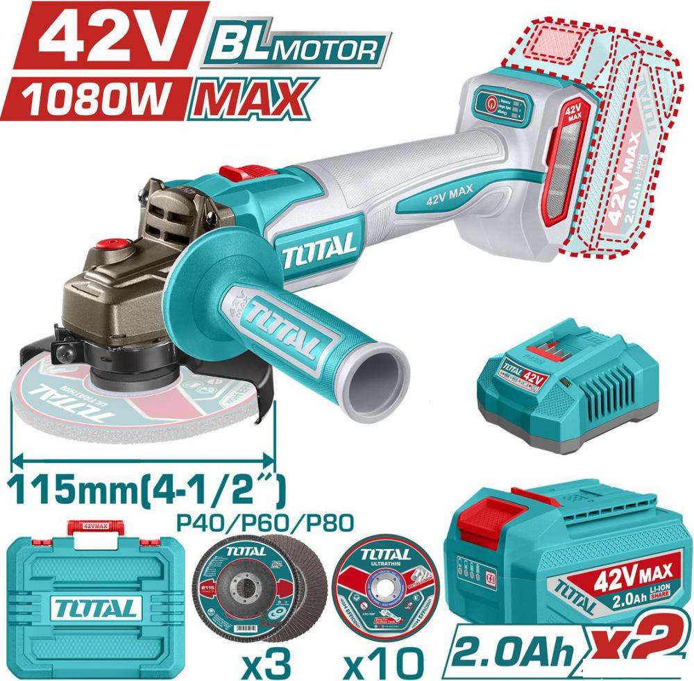 Угловая шлифмашина Total TAGLI4108112 (с 2-мя АКБ, кейс)