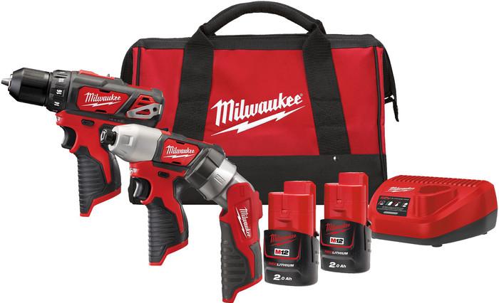 Milwaukee М12 ВPP3А-202B 4933441225 (шуруповерт, винтоверт, фонарь, 2 АКБ, сумка)- фото