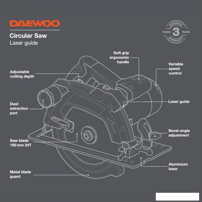Дисковая (циркулярная) пила Daewoo Power DAS 1600-190L- фото3