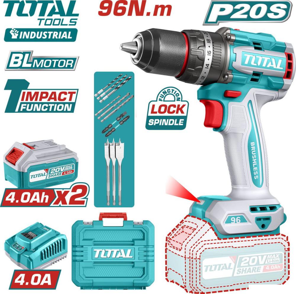 Ударная дрель-шуруповерт Total TIDLI20968 (с 2-мя АКБ, кейс)