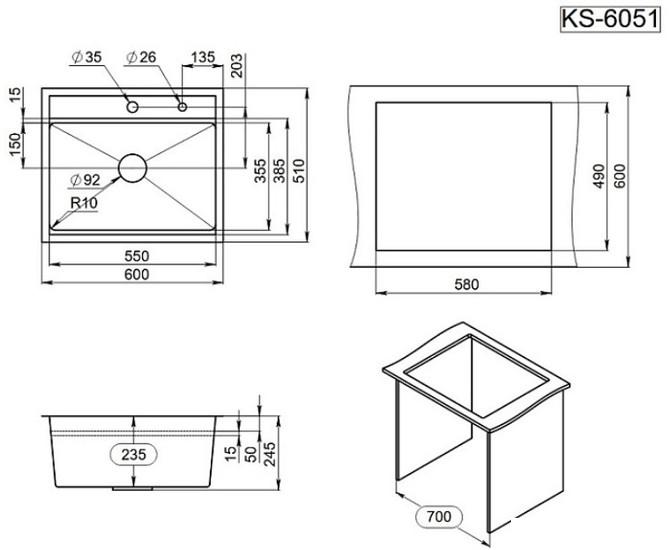 Кухонная мойка Granula KS-6051 (черный матовый)- фото4