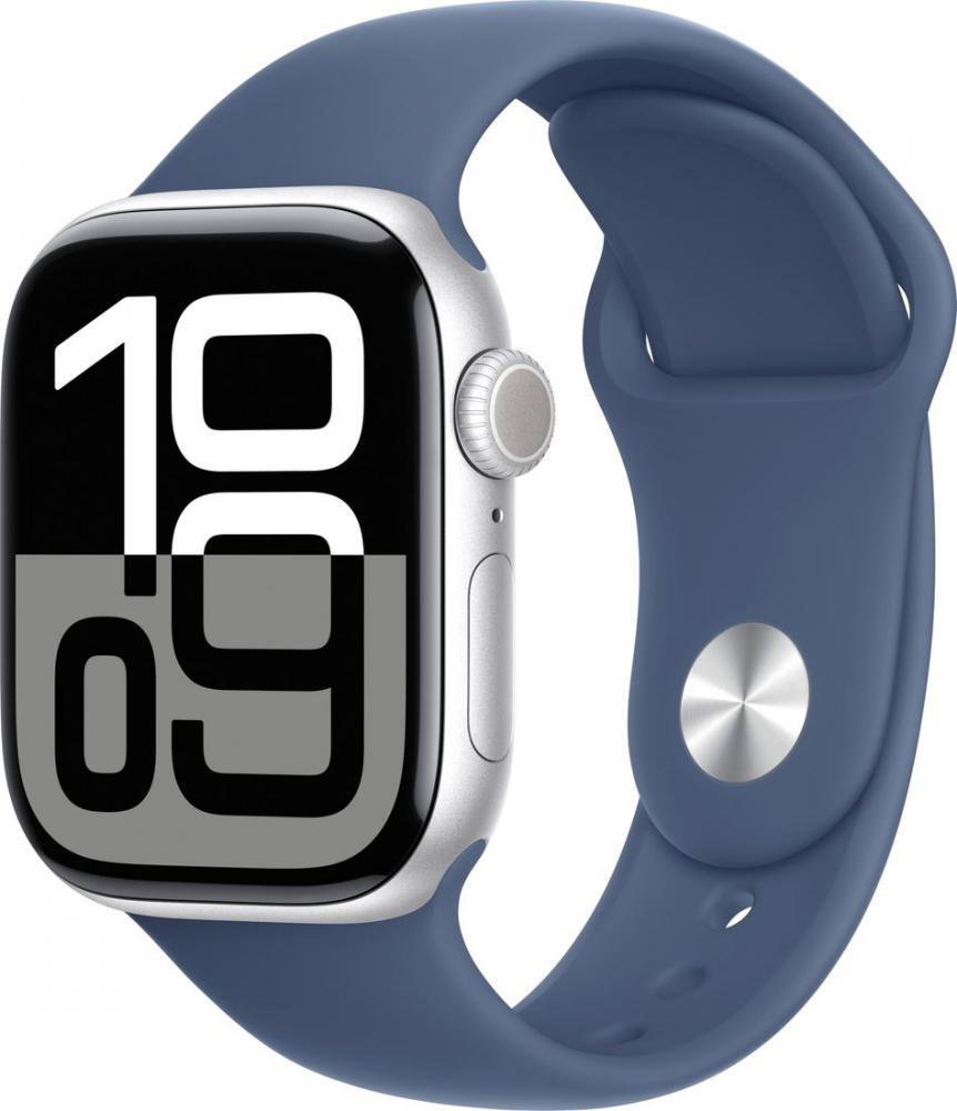 Умные часы Apple Watch Series 10 42 мм (алюминиевый корпус, серебристый/синий, спортивный силиконовый ремешок S/M)- фото