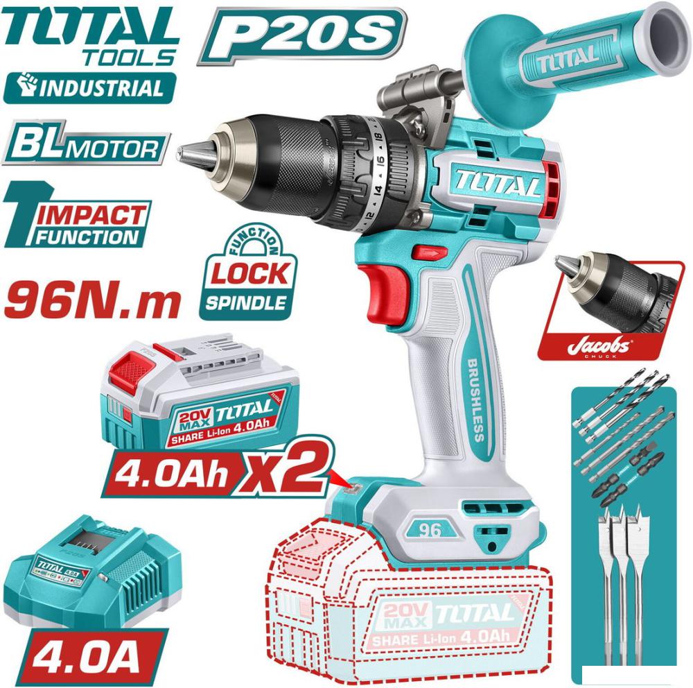 Ударная дрель-шуруповерт Total TIDLI209686 (с 2-мя АКБ, кейс)