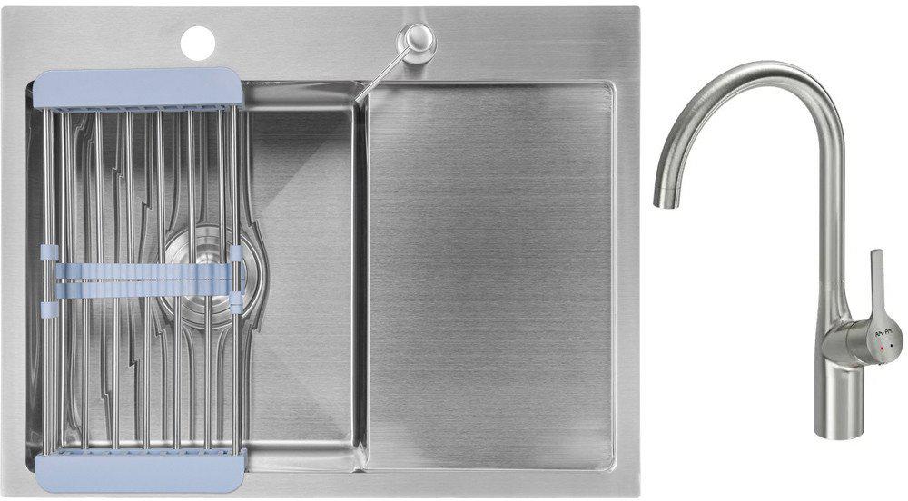 Кухонная мойка Saniteco 6550-L + Spike F9S07011 (сатин, с сифоном, дозатором и коландером)- фото