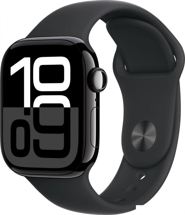 Умные часы Apple Watch Series 10 42 мм (алюминиевый корпус, черный/черный, спортивный силиконовый ремешок S/M)- фото
