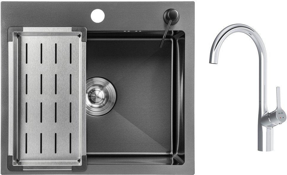 Кухонная мойка Saniteco 5045 Nano + Spike F9S07000 (хром, с сифоном, дозатором и коландером)- фото