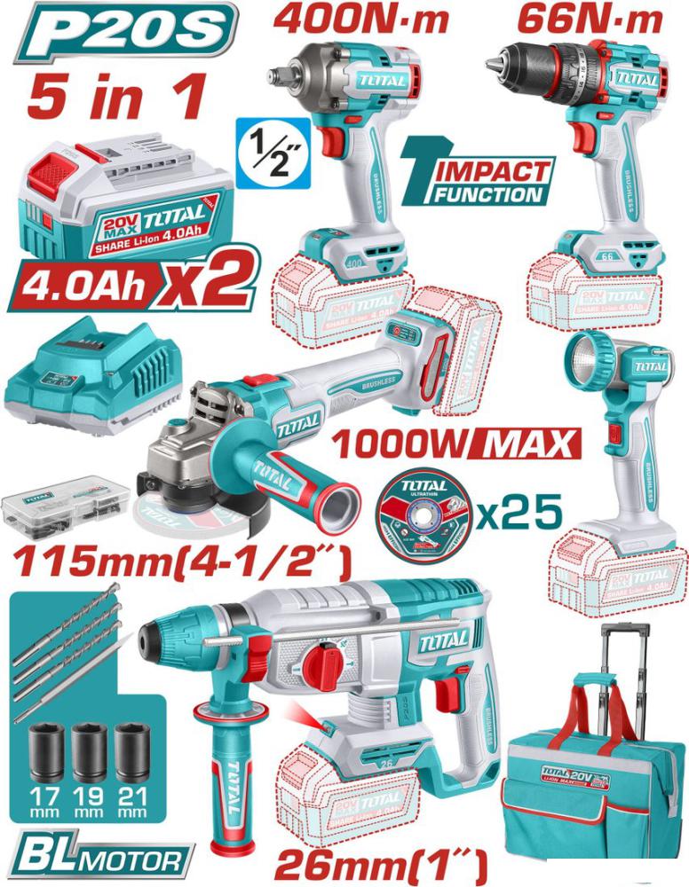 Total TCKLI20592 (шуруповерт, гайковерт, перфоратор, болгарка, фонарь, 2 АКБ, сумка)
