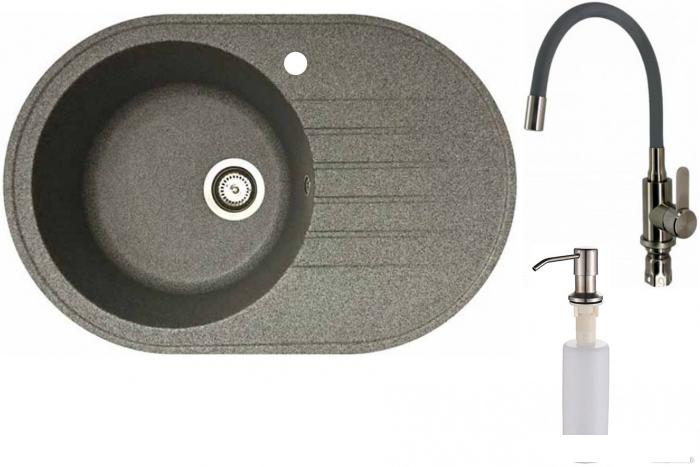 Кухонная мойка БелЭворс Rondo L + смеситель W74004-9 + дозатор L405-1 (серый/сатин)- фото
