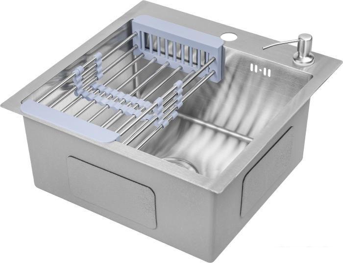 Кухонная мойка Saniteco 4848 (с сифоном, дозатором и коландером)- фото3