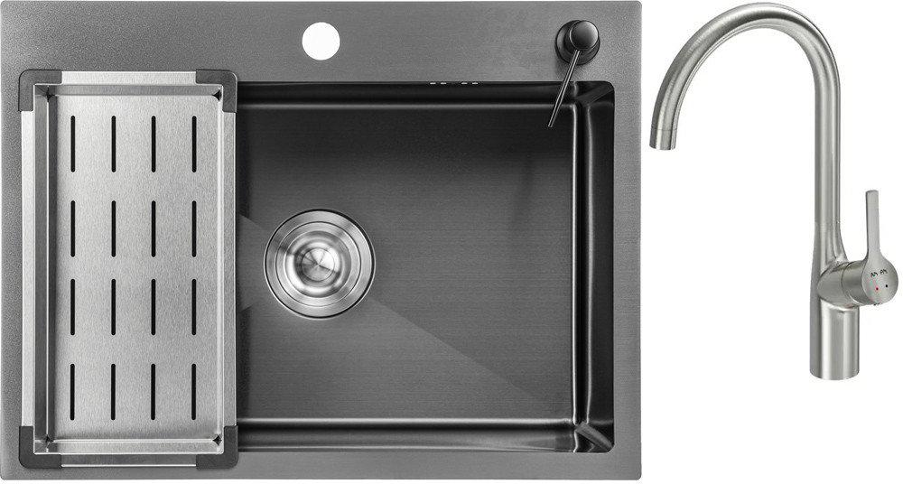 Кухонная мойка Saniteco 6045 Nano + Spike F9S07011 (сатин, с сифоном, дозатором и коландером)- фото