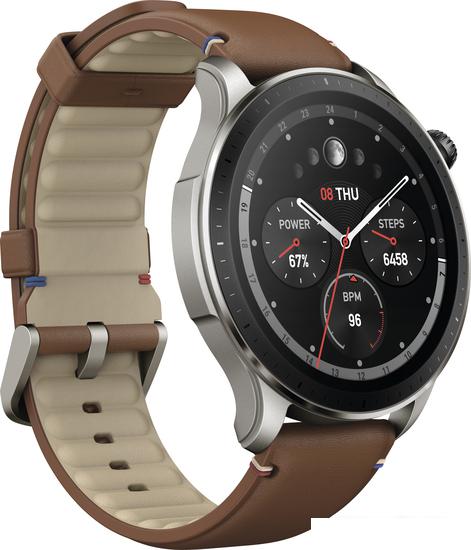 Умные часы Amazfit GTR 4 (серебристый, с коричневым кожаным ремешком)- фото4
