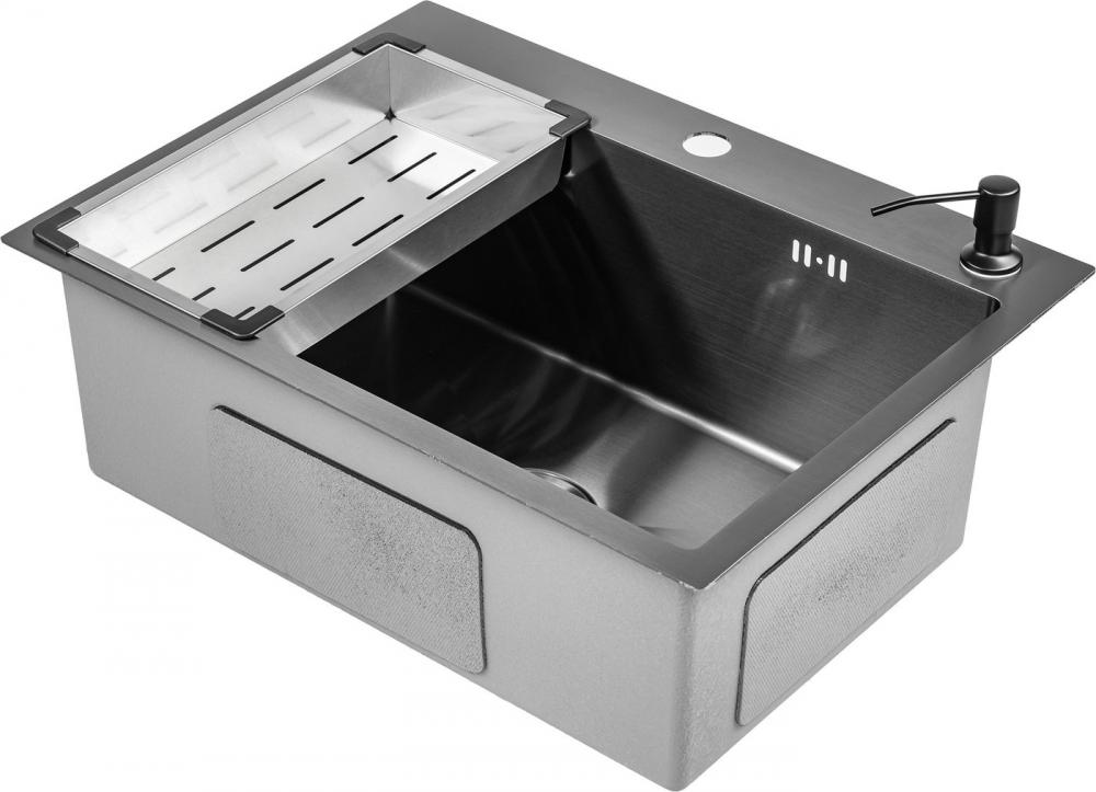 Кухонная мойка Saniteco 6045 Nano + Spike F9S07011 (сатин, с сифоном, дозатором и коландером)- фото4