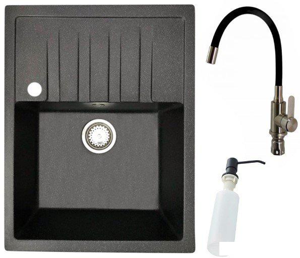Кухонная мойка БелЭворс Vega L + смеситель W74004-2 + дозатор L405F (черный)