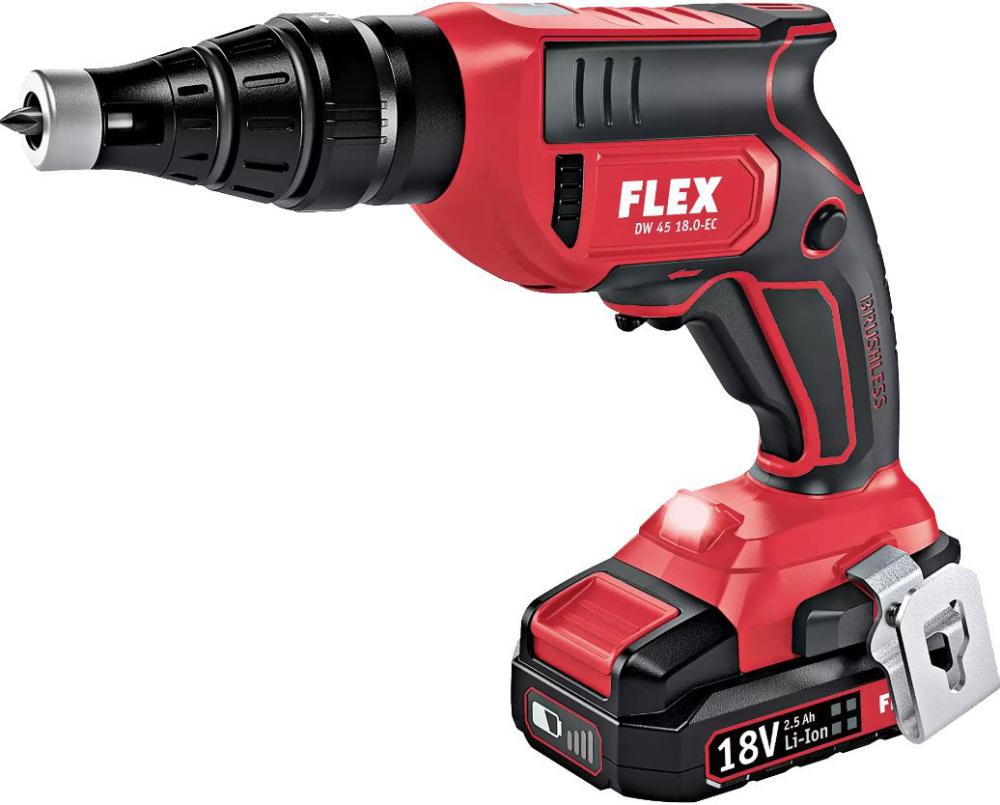 Шуруповерт для гипсокартона FLEX DW 45 18.0-EC M/2.5 Set 466824 (с 2-мя АКБ 2.5 Ач, кейс, насадка автоподачи)- фото2