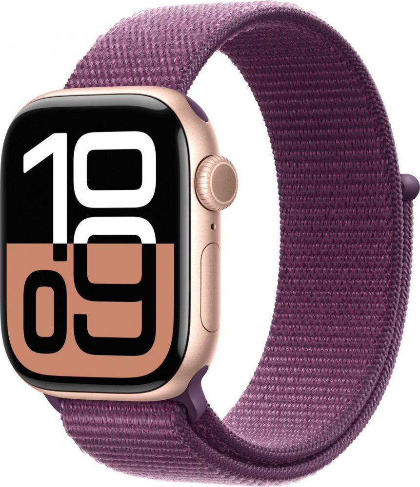 Умные часы Apple Watch Series 10 42 мм (алюминиевый корпус, розовое золото/сливовый, нейлоновый ремешок)- фото
