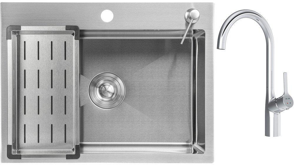 Кухонная мойка Saniteco 6045 + Spike F9S07000 (хром, с сифоном, дозатором и коландером)- фото