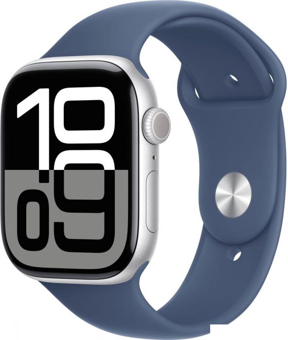 Умные часы Apple Watch Series 10 46 мм (алюминиевый корпус, серебристый/синий, спортивный силиконовый ремешок M/L)- фото