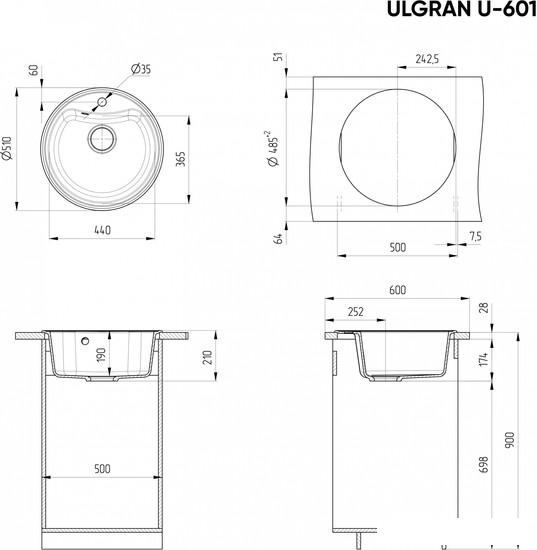 Кухонная мойка Ulgran U-601 (308 черный)- фото3