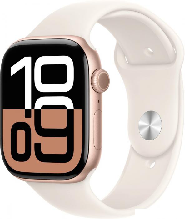 Умные часы Apple Watch Series 10 46 мм (алюминиевый корпус, розовое золото/звездный свет, спортивный силиконовый ремешок S/M)- фото