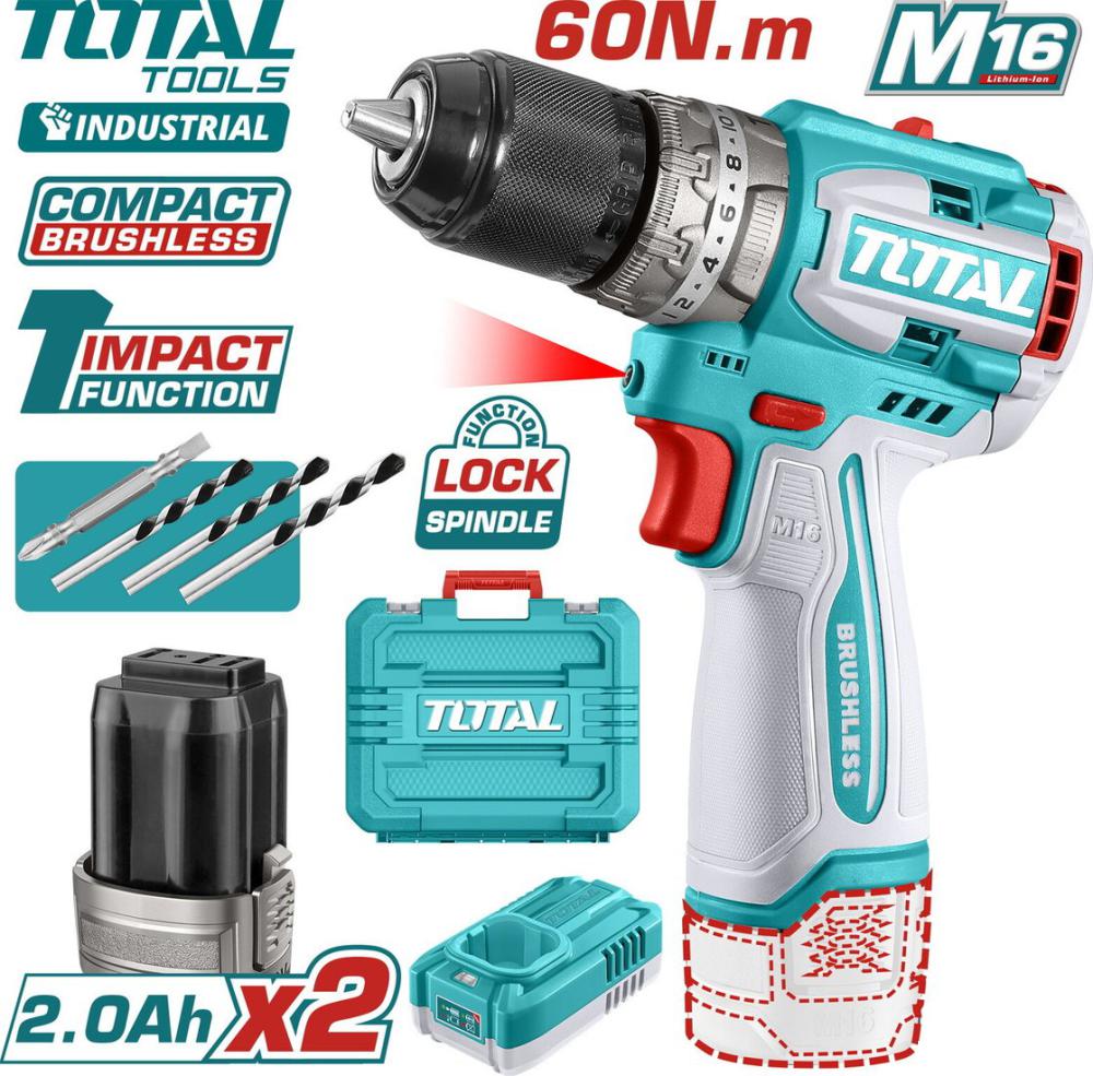 Ударная дрель-шуруповерт Total TIDLI16682 (с 2-мя АКБ, кейс)
