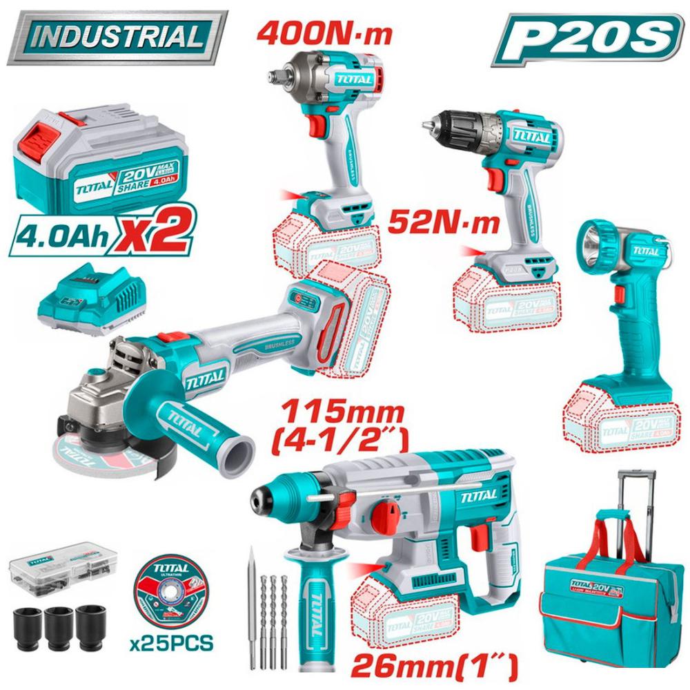 Total TCKLI2058 (шуруповерт, гайковерт, перформатор, болгарка, фонарь, 2 АКБ, сумка)