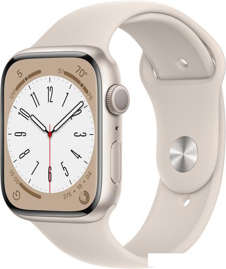Умные часы Apple Watch Series 8 45 мм (алюминиевый корпус, звездный свет/звездный свет, спортивный силиконовый ремешок M/L)- фото