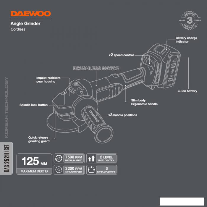 Угловая шлифмашина Daewoo Power DAG 2521Li Set (с 1-им АКБ)- фото3
