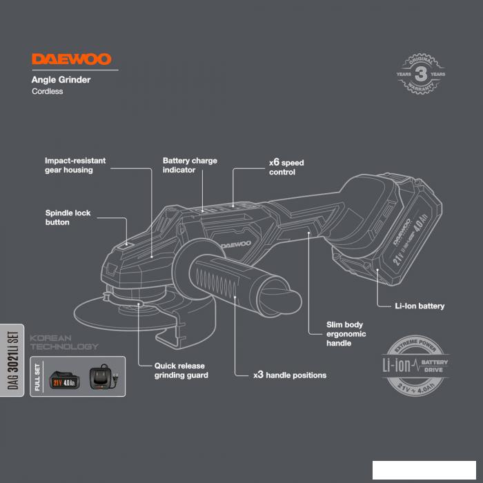 Угловая шлифмашина Daewoo Power DAG 3021Li Set (с 1-им АКБ)- фото3